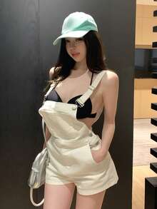 DAZY 复古水洗白色音乐节情人节休闲街头户外短裤，女士牛仔背带裤，春夏Y2K风格 - 白色 - 查看 5