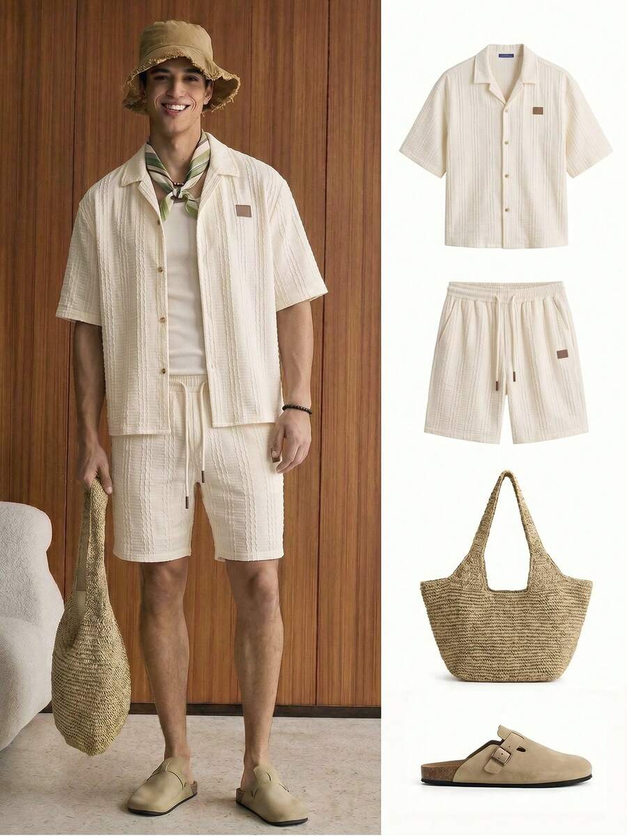 SWAVVY Conjunto de camisa de pecho sencillo con textura y pantalones cortos con cordón y bolsillo para hombre - Albaricoque - Ver 1