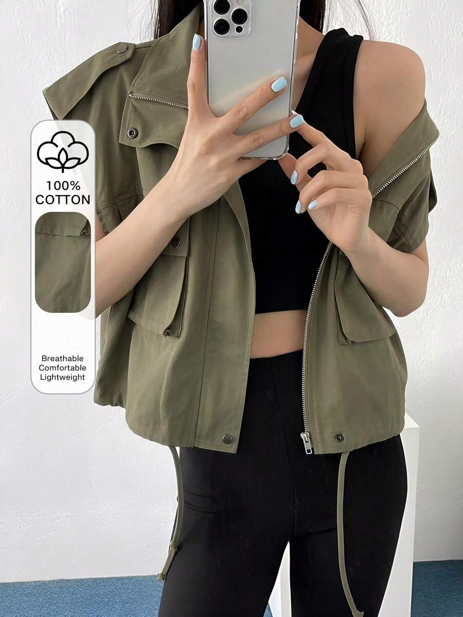 DAZY 女士休闲时尚街头风日常通勤纯色翻盖口袋宽松工装夹克 - 綠色 - 查看 1