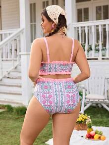 Swim Mod Women's Spring/Summer Spaghetti Strap Regular Shorts Beach Resort Plus Size Swimwear Set - Pink - View 2