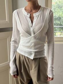 Livesso Tie-Front Sheer Panel Round Neck Women T-Shirt - White - View 3