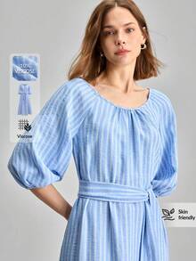 Ontre 2026 Sommer Neu Blaues gestreiftes Kleid mit Taillenbindung und Puffärmeln, vielseitiges Pendelkleid mit erhöhter Kapazität, geeignet für den Stadtverkehr im Frühling, Urlaub, Strand, Musikfestival, Frühlings-/Sommer-lässig-Wear, minimalistische Mode - Blau - Übersicht 8