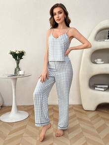 SHEIN Bộ đồ ngủ áo yếm kẻ caro cổ chữ V và quần dài - Nhiều màu - Xem 4
