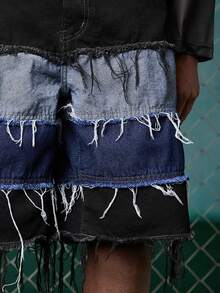 Unisex American Style Distressed Hem Denim Shorts Men Denim Patch Shorts  Jorts Men - Multicolor - View 5