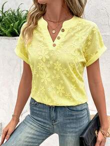 EMERY ROSE Women's Floral Embroidery V-Neck Short Sleeve Blouse - Yellow - View 3