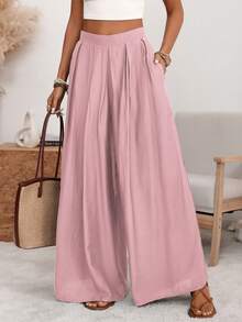 Wandoria Pantaloni a vita alta a gamba ampia in colore unito con pieghe e tasche, pantaloni mimetici verdi militari larghi, eleganti e sofisticati, stile retrò francese romantico minimalista, adatti per ufficio, pendolarismo, lavoro, casual, spiaggia, resort, primavera/estate - Rosa antico - Visualizzare 3