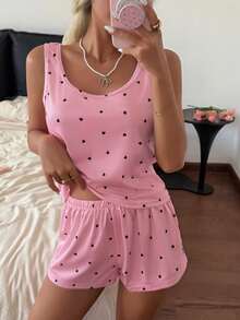 SHEIN Casual Underwear&Sleepwear 女士休闲针织吊带背心和短裤睡衣套装，心形印花 - 彩色 - 查看 3
