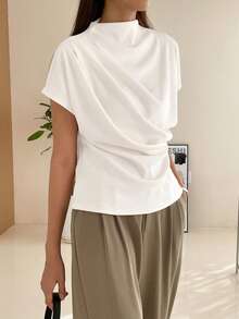 DAZY Solid Batwing Sleeve Ruched Detail Tee - White - View 4