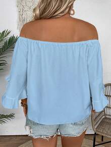 EMERY ROSE Plus Size Women Fashion Versatile Boho Ruffle Cuff Tie Strap Off-Shoulder Blouse Vacation Light Blue Summer - Blue - View 2