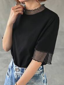 FRIFUL Kaos Wanita Kasual Longgar Berbahan Jala Transparan Warna Polos, Serbaguna untuk Musim Semi dan Musim Panas - Hitam - View 6