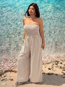 SHEIN EZwear 大尺碼女款白色抓皺平口休閒日常連身褲，適合海灘度假夏季穿著 - 卡其色 - 查看 4
