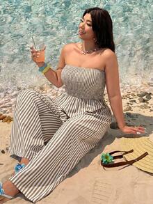 SHEIN EZwear 大尺碼女款白色抓皺平口休閒日常連身褲，適合海灘度假夏季穿著 - 卡其色 - 查看 5