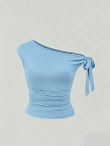Elenzga Kaos Wanita Ukuran Besar Elegan Warna Polos Leher Asimetris Pas Badan, Musim Panas - Baby Blue - View 4