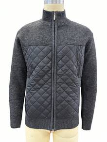 Manfinity Mode Áo khoác cardigan nam cổ cao có khóa kéo, chần bông tương phản, dáng rộng, màu đen trơn, thích hợp mặc đi chơi, làm quà tặng cho chồng, bạn trai, cho mùa thu đông, áo dài tay - màu đen - Xem 6