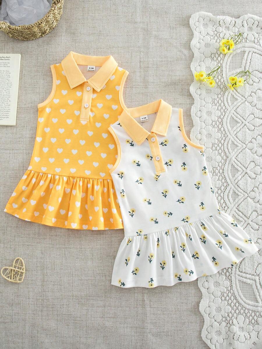 SHEIN 2件/套 女童夏季可愛馬卡龍黃色無袖 Polo 領荷葉邊裙襬圓點印花美人魚裙 休閒運動風 適合公園散步 - 黃色 - 查看 1