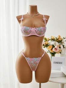 Esselle Bộ 2 món đồ lót gợi cảm thêu hoa lãng mạn dành cho nữ - Hồng - Xem 1