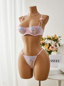 Esselle Bộ 2 món đồ lót gợi cảm thêu hoa lãng mạn dành cho nữ - Hồng - Xem 5