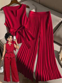GlowEve CURVE Set de 2 piezas de top sin mangas y pantalones anchos de pierna ancha plisados informales para mujer de talla grande - Rojo - Ver 1