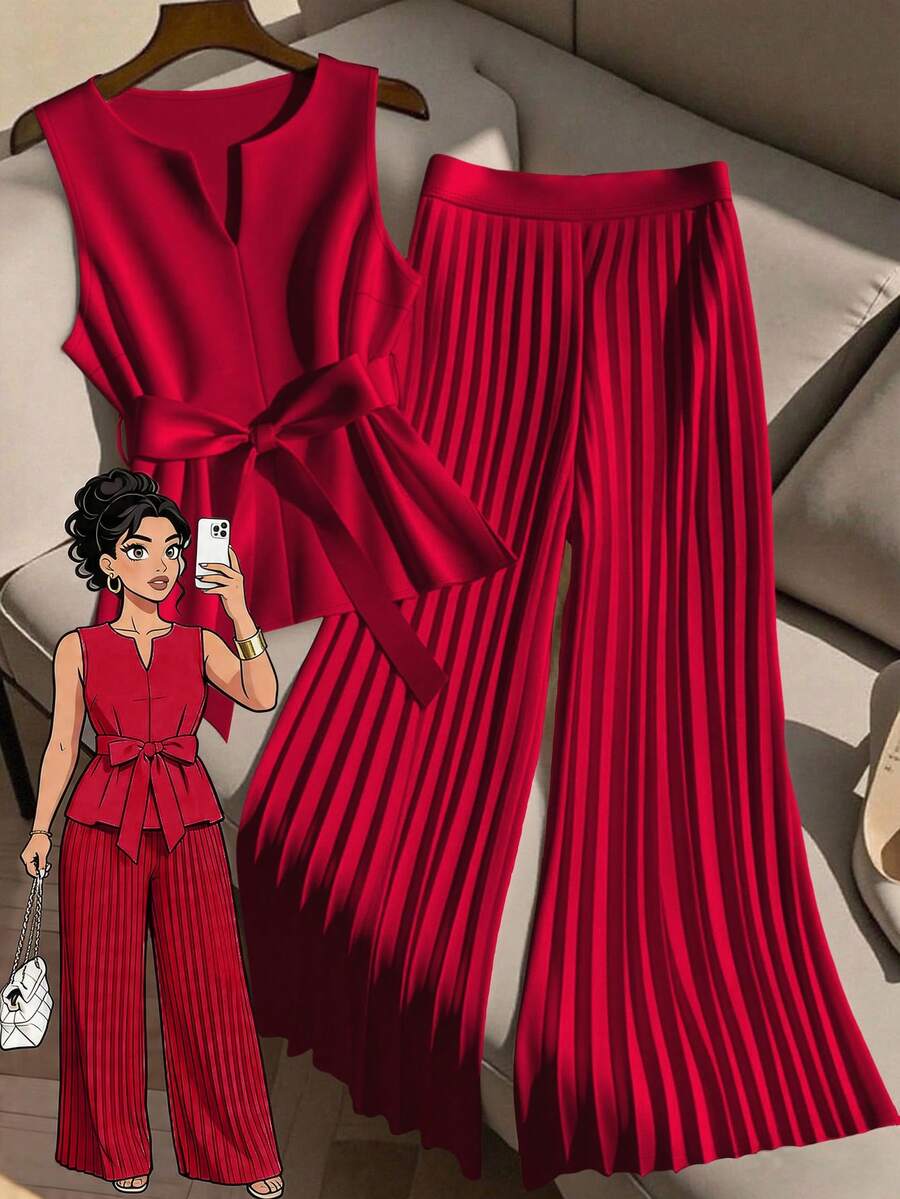 GlowEve CURVE Set de 2 piezas de top sin mangas y pantalones anchos de pierna ancha plisados informales para mujer de talla grande - Rojo - Ver 1