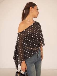 Andrea Bello Black Polka Dot Asymmetric Shoulder Mesh Blouse For Women, Spring/Summer Polkadot Top Women Summer Blouse Top Short Sleeve Top Top Summer Vacation - Black - View 5