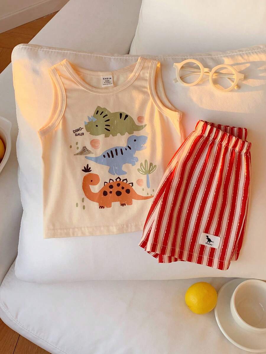 SHEIN 2pcs/Set Baby Boy/Girl Cute Casual Comfortable Funny Cartoon Dinosaur Pattern Tank Top And Elastic Waist Striped Shorts Set,Red - Multicolor - View 1