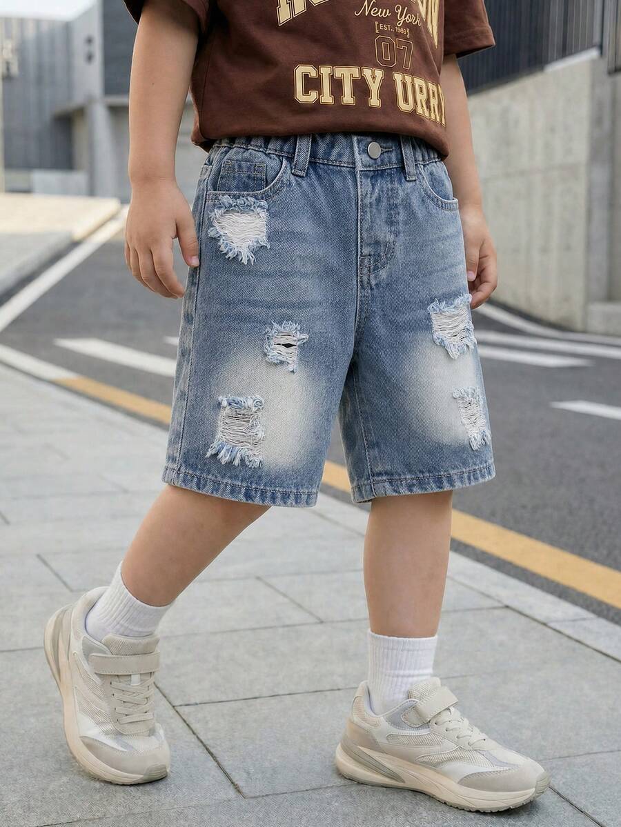 Young Boy Summer Casual Street Style Ripped Distressed Elastic Waist Light Blue Denim Shorts,Comfortable Cotton Fabric,Versatile For School & Daily
