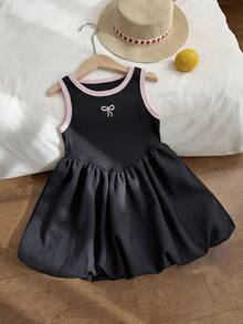 SHEIN Vestido de princesa de manga corta y cuello redondo con contraste de negro y rosa para bebé niña en verano - Negro - Ver 4