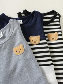 SHEIN 3件套幼儿男女宝宝休闲撞色背心上衣和短裤套装，男宝宝套装，男宝宝夏季服装，街头服饰 - 藏蓝色 - 查看 3