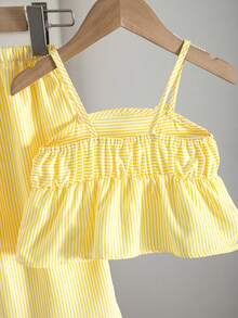 Babygirl Cute Vacation Casual Striped Bow Decor Camisole & Elastic Waist Pants Set - Yellow - View 7