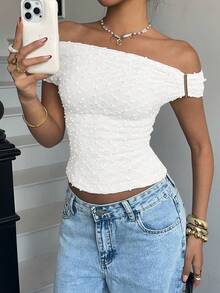 Siren Gaze Áo thun croptop ôm sát, màu trơn, chất liệu vải có họa tiết, hở vai, dành cho nữ, thích hợp cho kỳ nghỉ hè ở bãi biển. - trắng - Xem 3