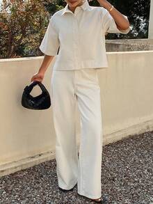 Camisa de mezclilla tipo cardigan de estilo casual y suelto para primavera y verano, blusa blanca, adecuado para el Día de San Valentín, boda, oficina casual, estilo minimalista, al aire libre, casual de negocios, pantalones vaqueros de pierna recta, conjunto de 2 piezas para mujer - Blanco - Ver 6