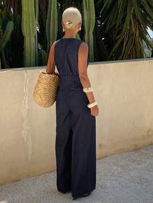 Livesso Pantalones rectos con cinturón decorativo, de estilo vintage lavado azul, para festival de música, vacaciones y uso casual. Monos de calle para mujer, para primavera y verano. - Azul lavado oscuro - Ver 5