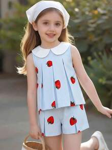 SHEIN Elladie kids Bộ 2 món cho bé gái (size nhỏ) gồm áo thun và quần short xếp ly, chất liệu vải dệt kim, họa tiết dâu tây đỏ dễ thương, sọc xanh trắng, không tay. Phù hợp với phong cách Hàn Quốc dễ thương, thoải mái cho mặc hàng ngày, đi học, đi chơi, đi biển, dự tiệc, mùa xuân/hè. - Màu xanh lam - Xem 5