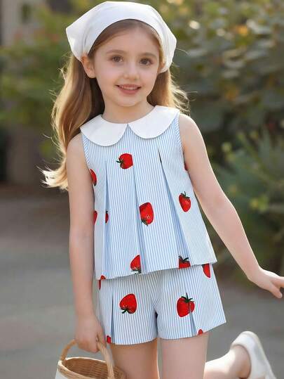 SHEIN Elladie kids 2件套女童（小号）休闲时尚新款T恤套装，梭织面料，可爱草莓红、蓝白条纹数码印花，白色彼得潘领无袖T恤，下摆褶裥设计，搭配褶裥休闲短裤，适合可爱韩式休闲风，舒适百搭，适合日常、上学、外出、海滩、派对、春夏穿着。