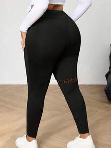 SHEIN PETITE CURVE 大码女式纯色基础款打底裤，撞色网纱透视打底裤，休闲、运动、春季、嘉年华穿着，黑色打底裤 - 黑色 - 查看 7