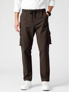 Manfinity Homme Men's Solid Color Drawstring Waist Pocket Casual Cargo Pants, Versatile For Daily Wear - Coffee Brown - View 6