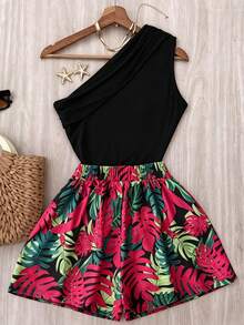 EMERY ROSE Summer New Casual Sexy Plus Size 2-Piece Set Ladies Holiday Set With One Shoulder Pleated Top And Black Elastic Waist Printed Shorts Beach Vacation - Hot Pink - View 2