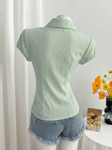Mori Grove Mori Grove Women's V-Neck Vintage Mushroom Button Textured Jacquard Casual Vacation Cinched Waist Blouse - Green - View 2