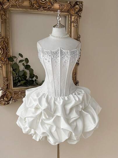 Lovelzi Elegant White Summer Bachelorette Wedding Dress,Formal Party Strapless Boned Bodice Lace Patchwork Satin Puff Skirt Beaded A-Line Bridal Shower Gown