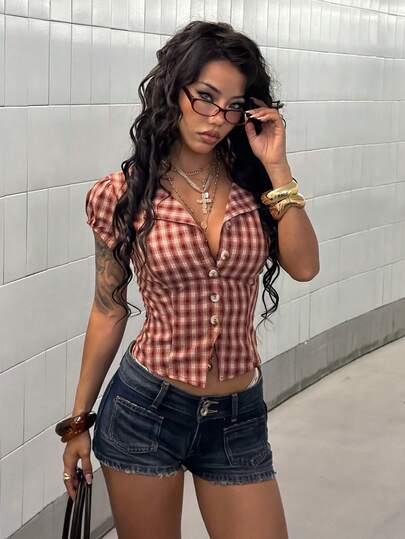 StreetHx Camisa de manga corta a cuadros rojos de estilo urbano para mujer, de verano