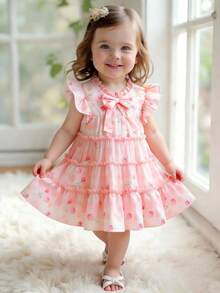 SHEIN Vestido de niña pequeña de estilo casual con estampado floral y decoración de lazo, adecuado para primavera, verano, otoño, uso en casa, vacaciones, fiestas y uso diario - Multicolor - Ver 7