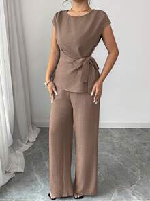 en la cintura y diseño suelto de pierna ancha con bolsillos en la cintura para mujer, elegante y casual para ir al trabajo - Verde - Ver 10
