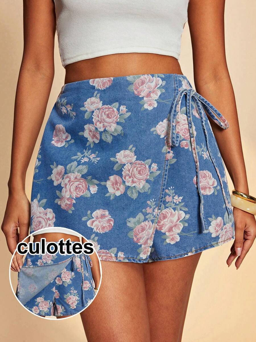 Travachic Quần short denim nữ kiểu dáng thường ngày, thắt eo, họa tiết hoa, thích hợp cho mùa hè. - Rửa trung bình - Xem 1