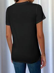 EMERY ROSE Slogan "Overstimulation" Graphic T-Shirt, Women's Short-Sleeved Casual Top. - Black - View 2