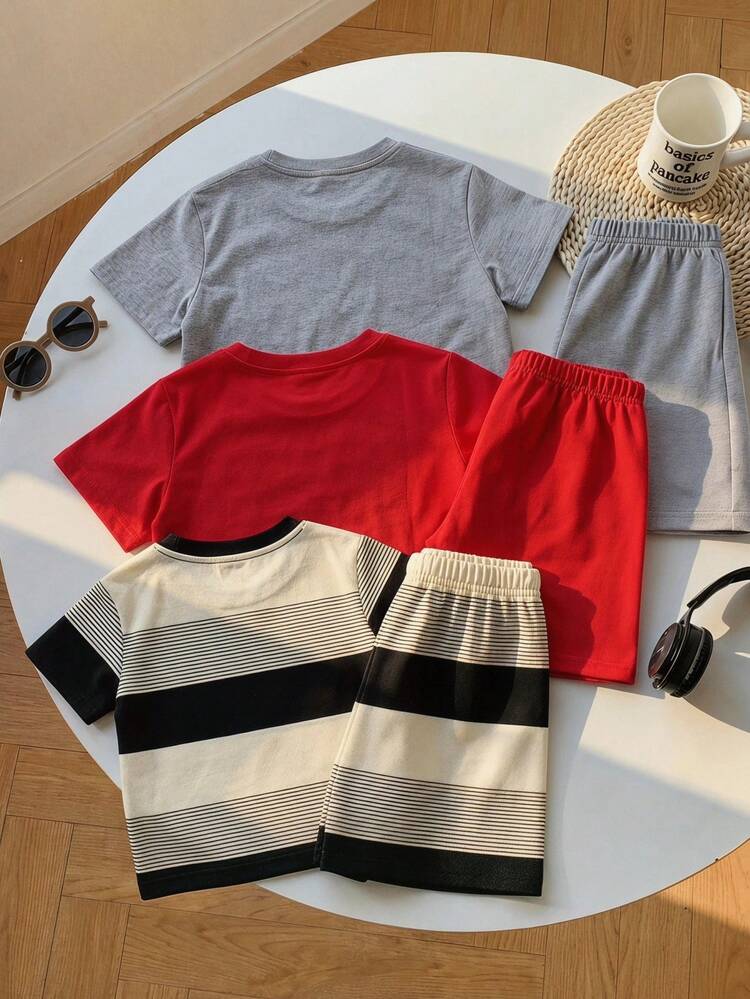 SHEIN Bộ 6 món cho bé trai, kiểu dáng thường ngày, dễ thương, chất liệu dệt kim, sọc đen trắng, họa tiết hoa đỏ, áo thun ngắn tay và quần short màu xám, trang phục cơ bản nhiều món phù hợp cho mùa hè và mùa xuân, hoạt động ngoài trời, thể thao và vui chơi. - Nhiều màu - Xem 2