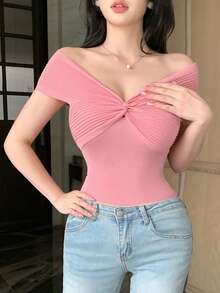 Joudiya Áo dệt kim ôm dáng, thanh lịch, hở vai, xoắn phía trước dành cho nữ, thích hợp cho mùa hè. - Hồng - Xem 8