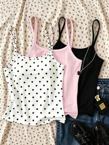 SHEIN Elladie kids 青少年女孩細肩帶背心盲盒 3-in-1，3件中隨機選1件，美式復古運動風，拼色海軍藍+奶油色+紅色 - 彩色 - 查看 3
