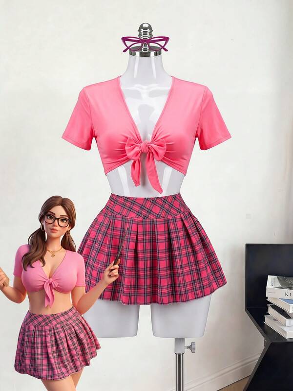 Fantasy Costume Fantasy Costume مجموعة زي خيالي: توب قصير وردي لامع مع تنورة مصغرة مكشكشة ذات نقشة مربعات، ملابس داخلية بزي طالبة مثيرة للنساء