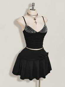 SHEIN ICON Plus Size Y2K Casual Retro Sexy Mini Pleated Slit Black Skirt Back-To-School Formal Graduation Summer - Black - View 8