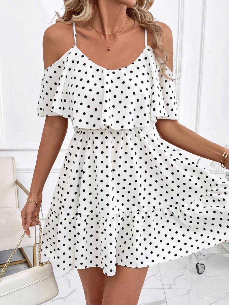 SHEIN Clasi 女士优雅棕色波点印花露肩荷叶边V领A字短裙 - 白色 - 查看 1